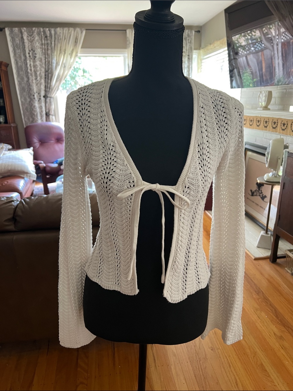 Pink Rose White Openwork Tie-Front Knit Cardigan bell sleeve